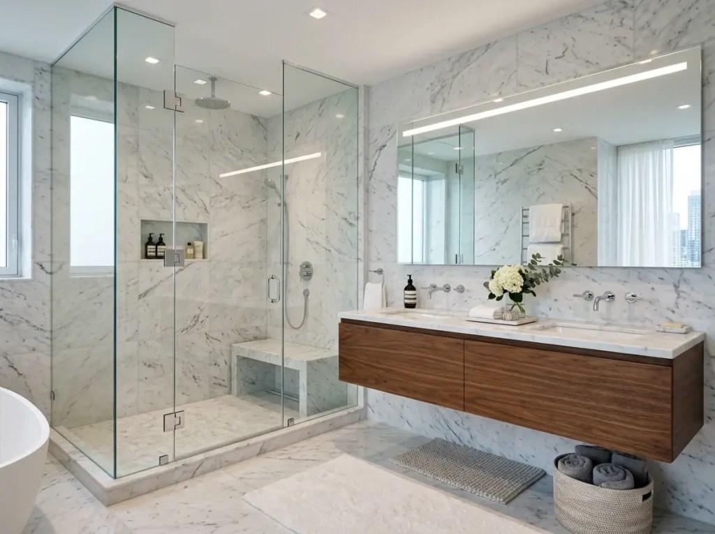 Bathroom with marble walls and floor, glass shower enclosure, wooden double vanity, and large mirror
