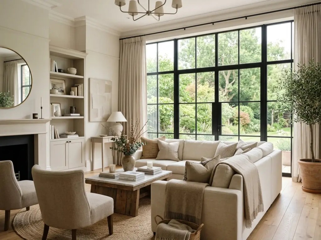 Living room with beige sofa, armchairs, wooden coffee table, and large window showing garden