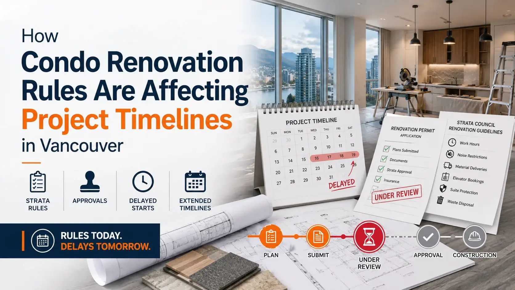 Vancouver condo renovation project timeline showing strata rules, approvals, permit review and construction delays