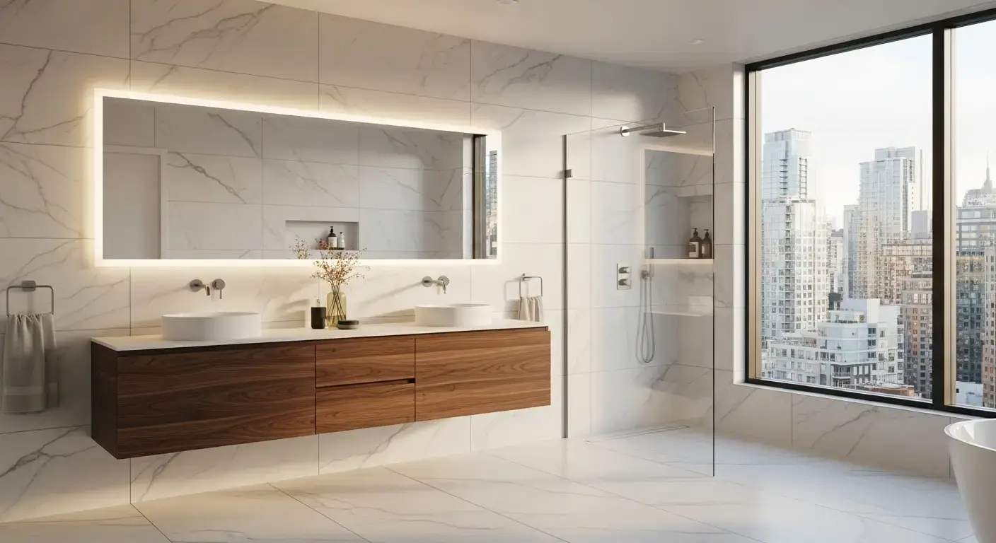 Modern Vancouver bathroom renovation featuring dark walnut vanity, marble walls, and panoramic city view — example of 2025 Canadian bathroom design trends.
